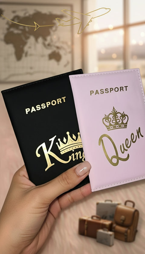 King Queen Couple Passport Holder leather Crown pattern
