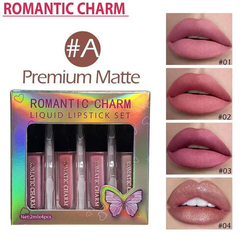 4-in-1 Romantic Charm liquid lipstick set.