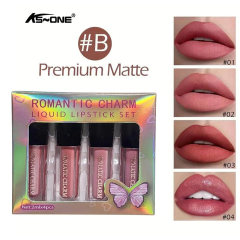 4-in-1 Romantic Charm liquid lipstick set.