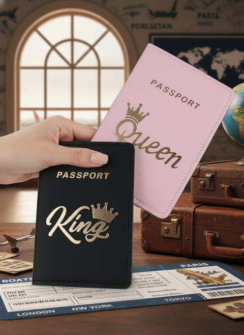 King Queen Couple Passport Holder leather Crown pattern